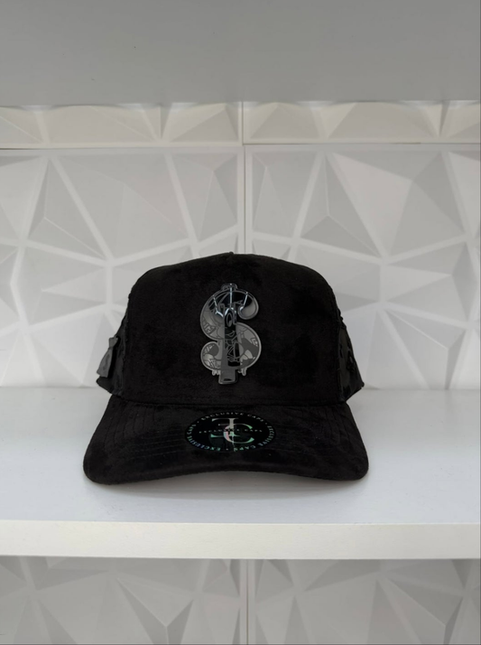 Money Sign SnapBack Gorra- Gamuza negra